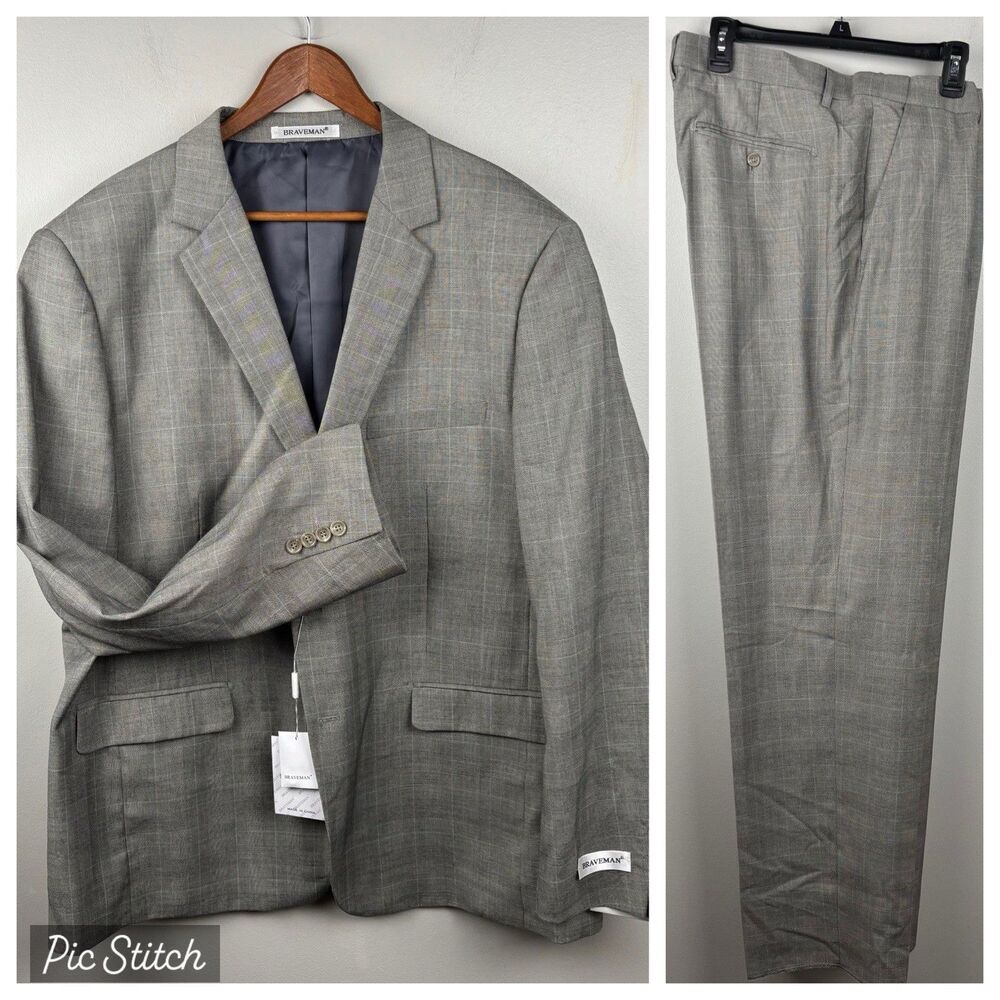 NWT Braveman Men's 3-Piece Suit Polyester 48R 42W Patterned Charcoal Unhemmed